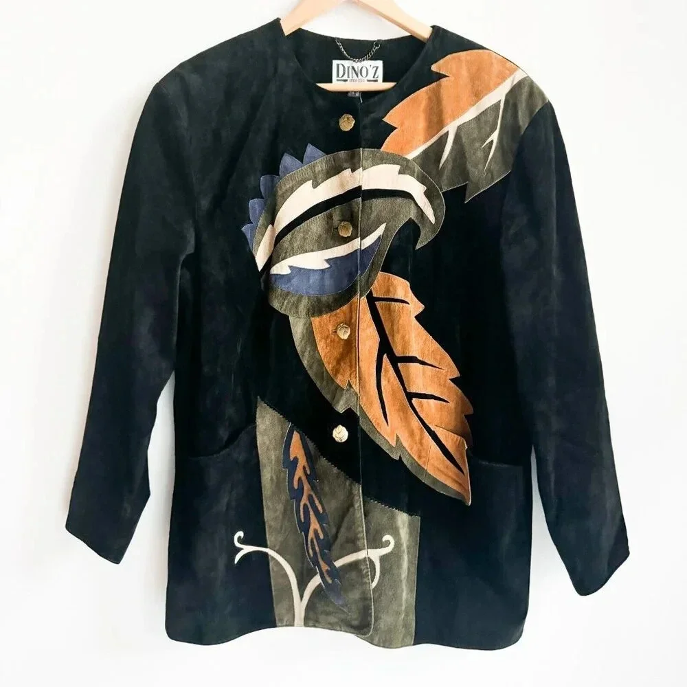 Vintage Dino'z Suede Leaf Print Patchwork Jacket 8